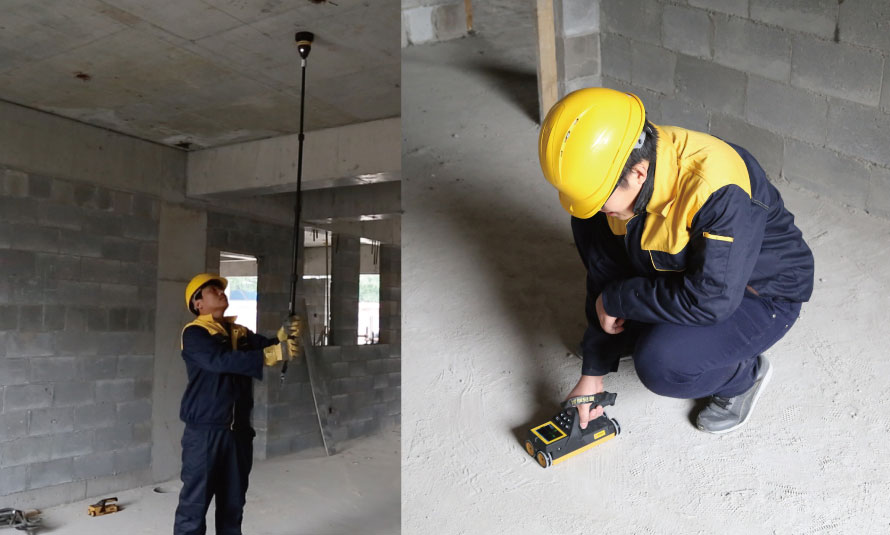 连接发射探头与延长杆，将发射探头顶到被测楼板的底部，固定不动，主机放于被测楼板顶部，进入测量界面开始测量